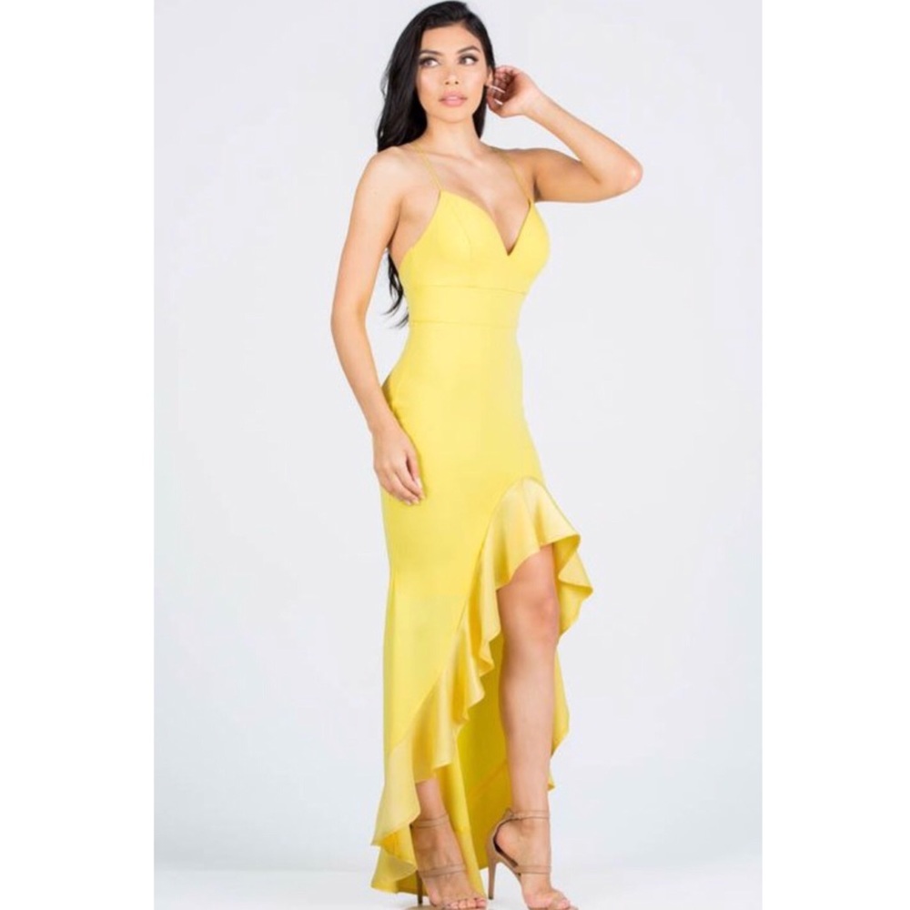 Brand new - Yellow ruffle body on hi-low dress, various sizes